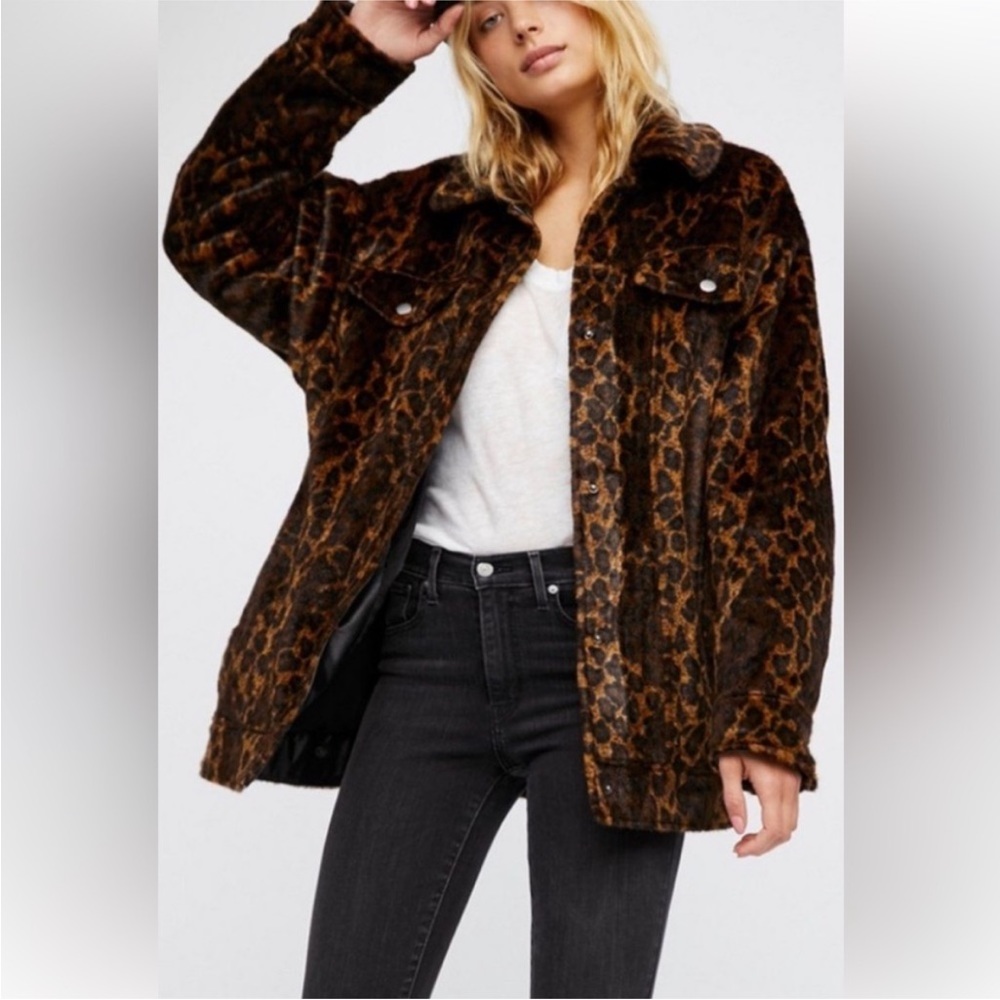 Free People Oversized Leopard Faux Fur/Leather Trucker Jacket Size S